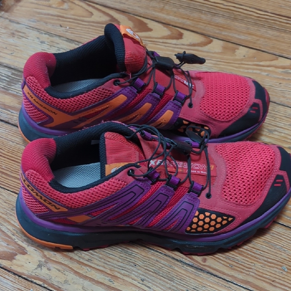 Salomon XR Mission Red and Purple Athletic Running Shoes with Quicklace